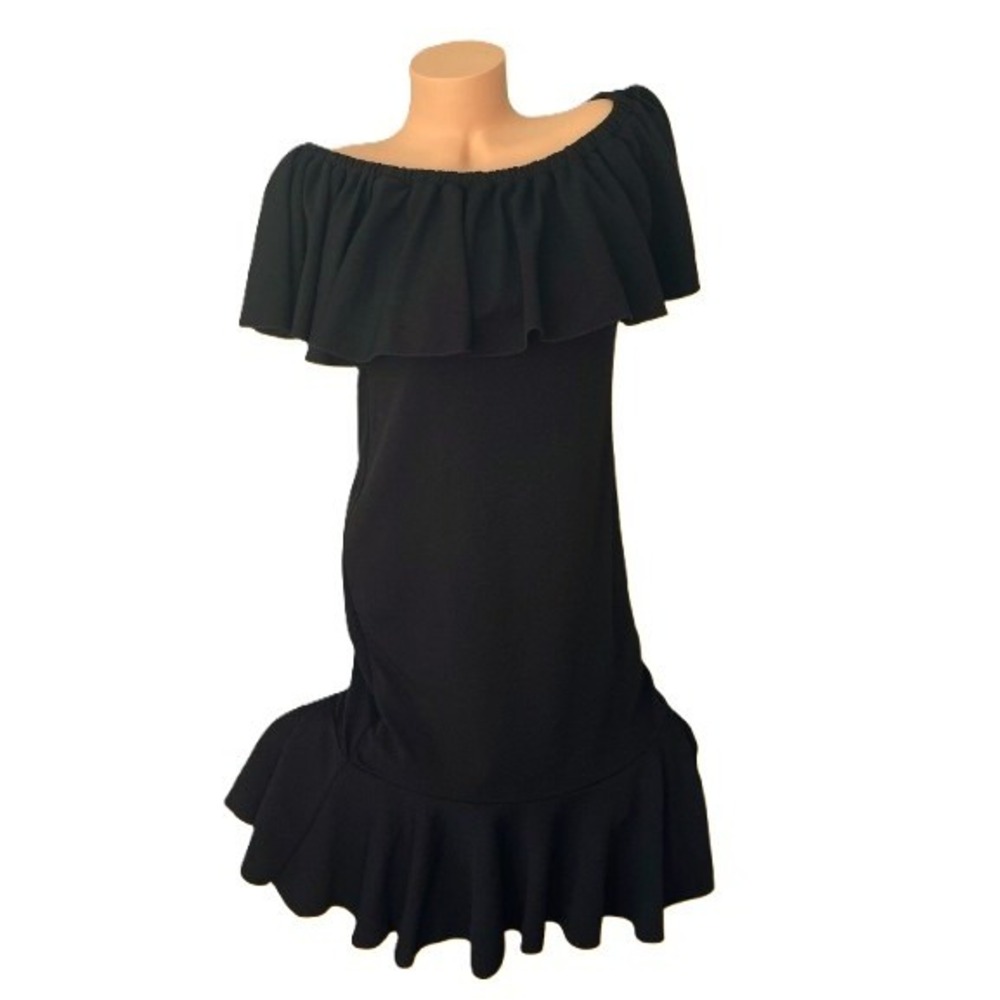 LuLaRoe Cici Dress XL Black Off The Shoulder Ruffle Hem Mermaid Textured Crepe